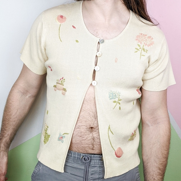Woolrich Sweaters - Woolrich Beige Floral Embroidery Short Sleeve Knit Cardigan